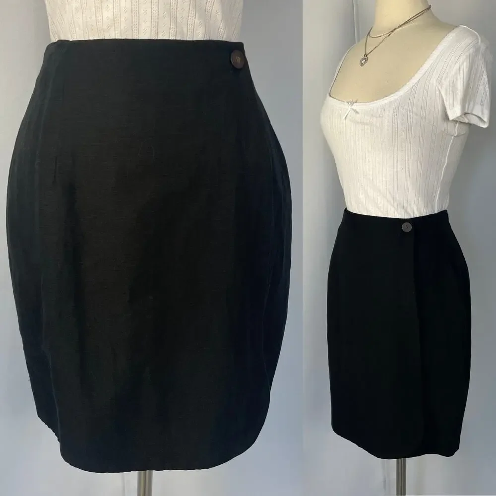 Vintage Pencil Skirt Size 6 Black Solid Faux Wrap Linen Minimal Academia Preppy